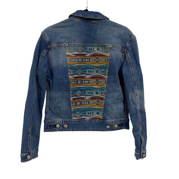 LuLaRoe Blue Harvey Denim Southwest Print Embroidered Jean Jacket Size XS‎ - Picture 1 of 8